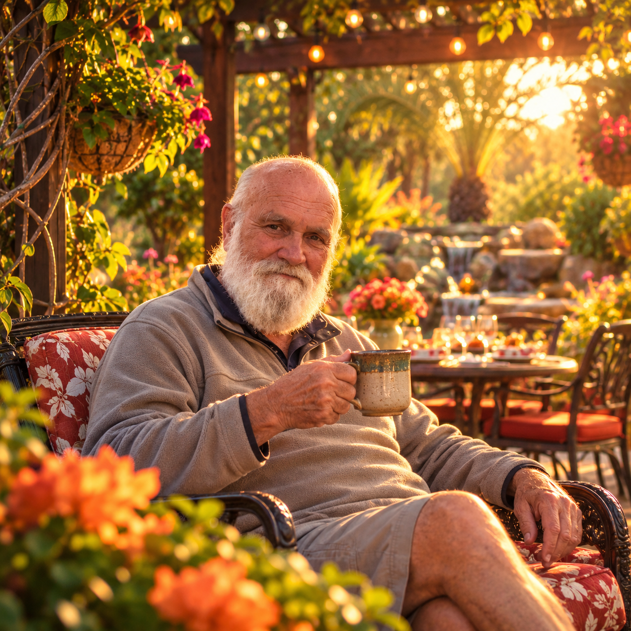 Andre seated at home surrounded by flowers and greenery