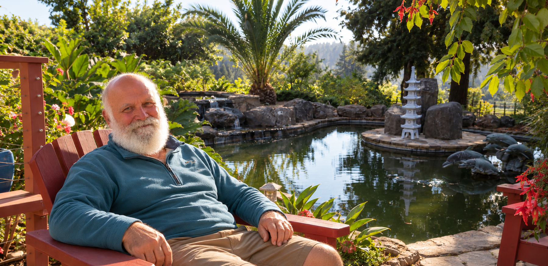 Andre relaxing beside the landscaped pond at his Sonoma County home